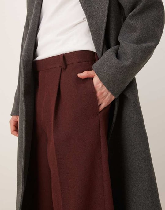 ASOS DESIGN smart oversized tapered pleated trousers in burgundy with wool twill - Image 2
