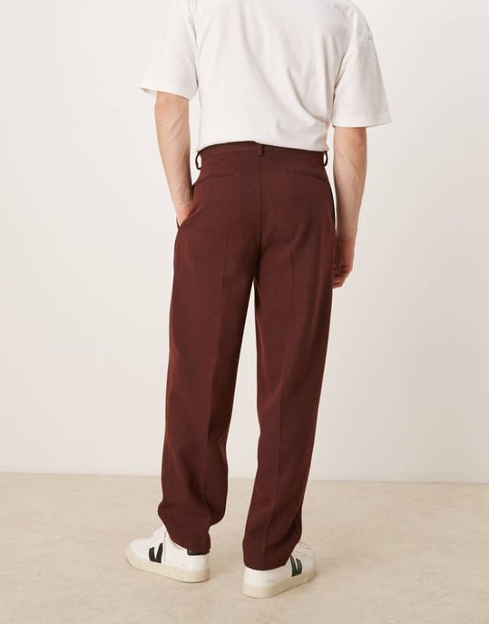 ASOS DESIGN smart oversized tapered pleated trousers in burgundy with wool twill - Image 3