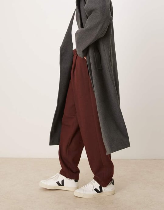 ASOS DESIGN smart oversized tapered pleated trousers in burgundy with wool twill - Image 4