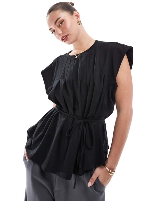 ASOS DESIGN trapeze t-shirt with tie waist in black - Image 1