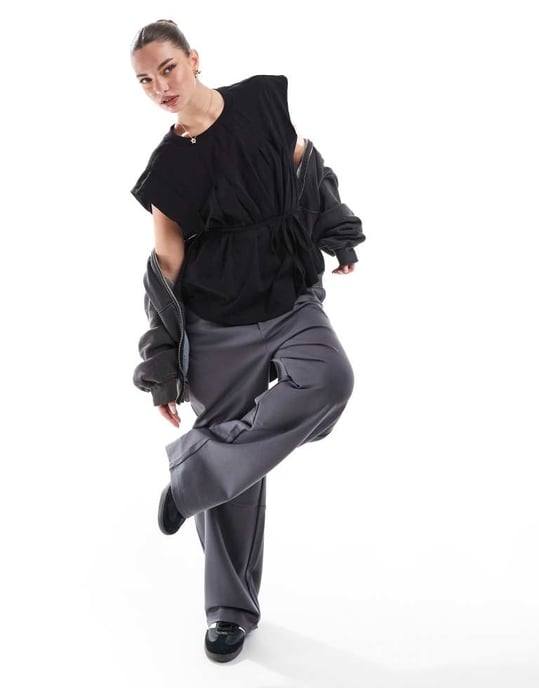 ASOS DESIGN trapeze t-shirt with tie waist in black - Image 2