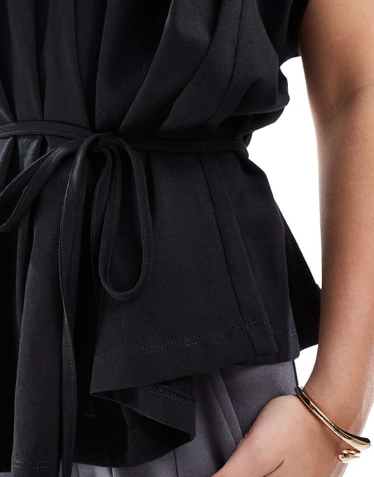 ASOS DESIGN trapeze t-shirt with tie waist in black - Image 3