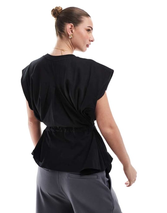 ASOS DESIGN trapeze t-shirt with tie waist in black - Image 4