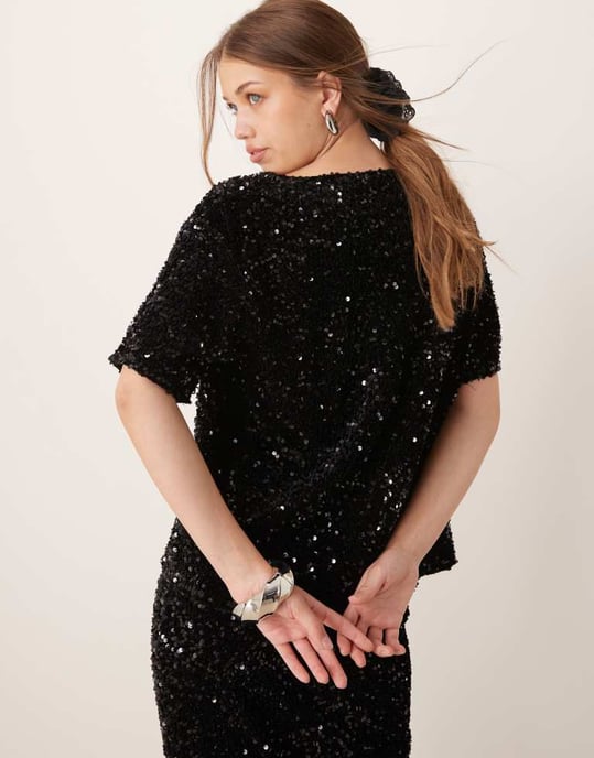Vila paljett- och velourt-shirtset i svart - Image 3