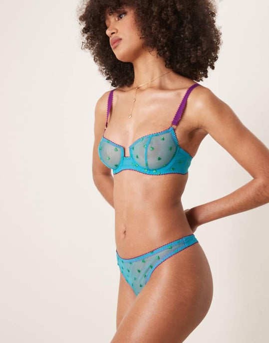 Dora Larsen Nelle tulle heart embroidered thong in bright blue - Image 1