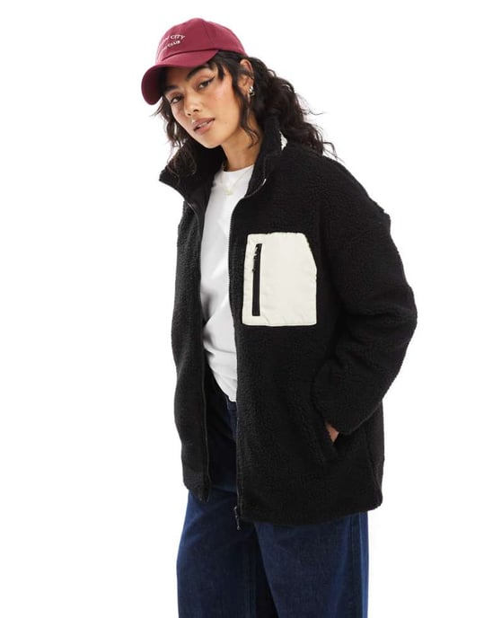 ONLY oversized funnel neck teddy fleece jacket in black - Image 1