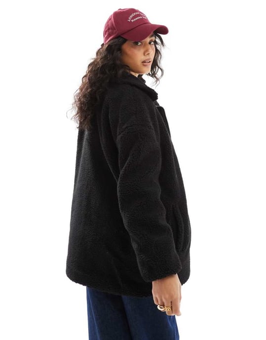 ONLY oversized funnel neck teddy fleece jacket in black - Image 2