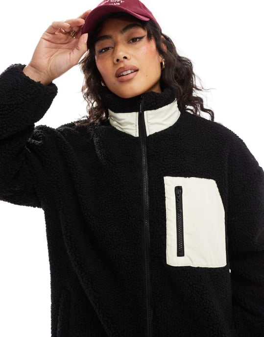 ONLY oversized funnel neck teddy fleece jacket in black - Image 3