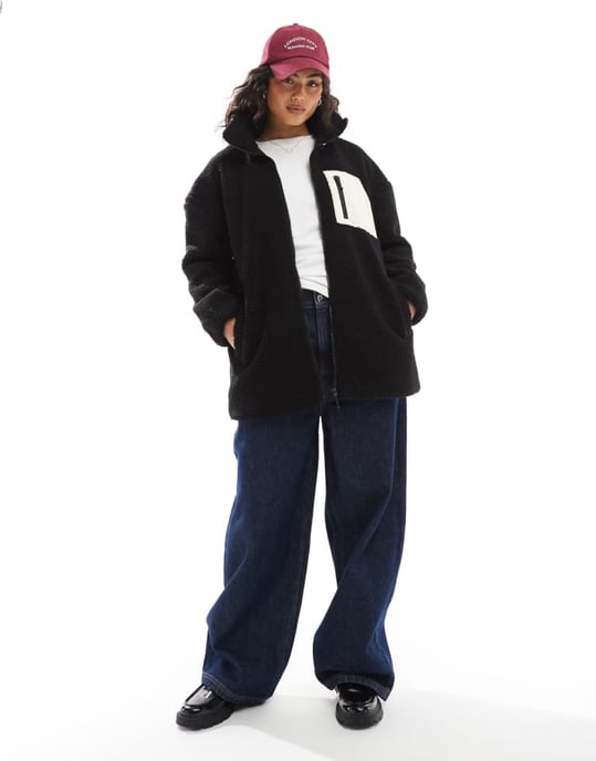 ONLY oversized funnel neck teddy fleece jacket in black - Image 4