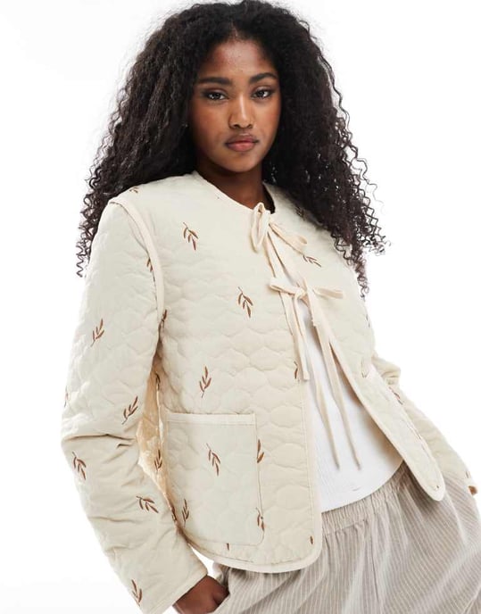 Vero Moda tie front quilted jacket in cream - Image 1