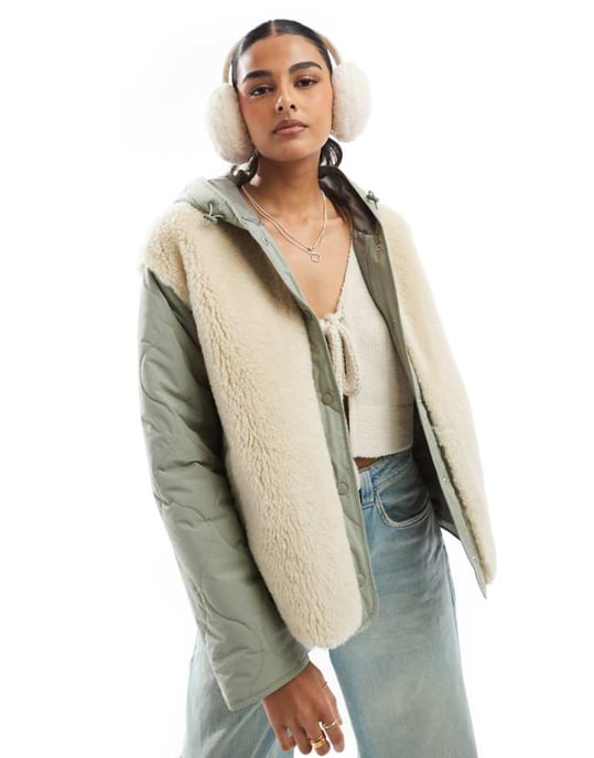 ASOS DESIGN hooded quilted borg jacket in sage - Image 1