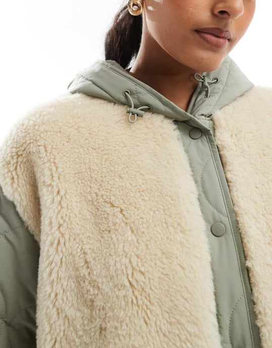 ASOS DESIGN hooded quilted borg jacket in sage - Image 3
