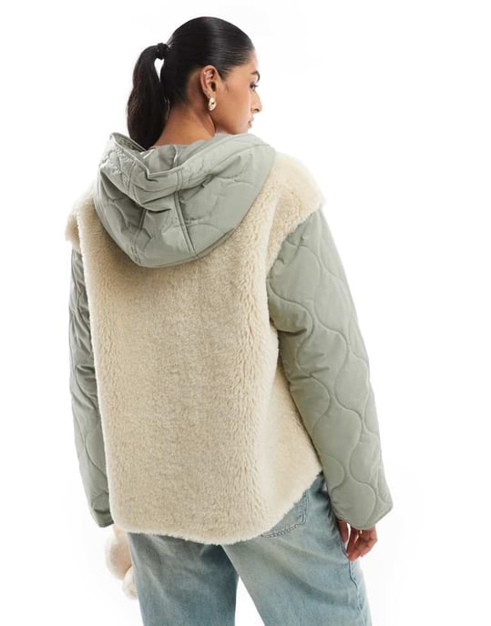 ASOS DESIGN hooded quilted borg jacket in sage - Image 4