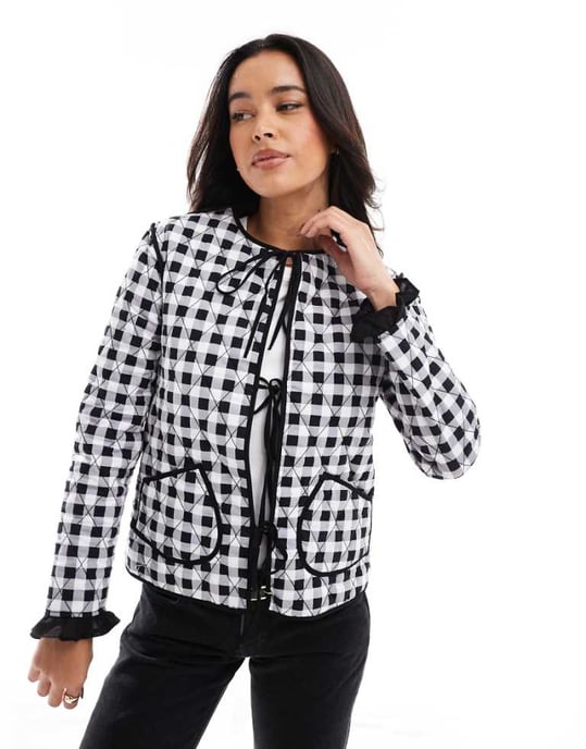 ASOS DESIGN quilted tie front jacket in black gingham - Image 1