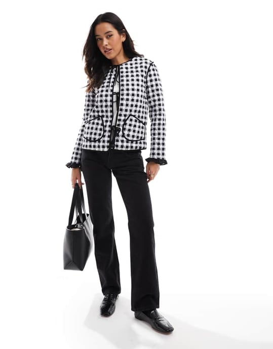 ASOS DESIGN quilted tie front jacket in black gingham - Image 2