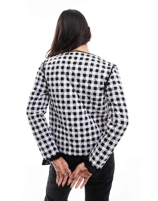 ASOS DESIGN quilted tie front jacket in black gingham - Image 3