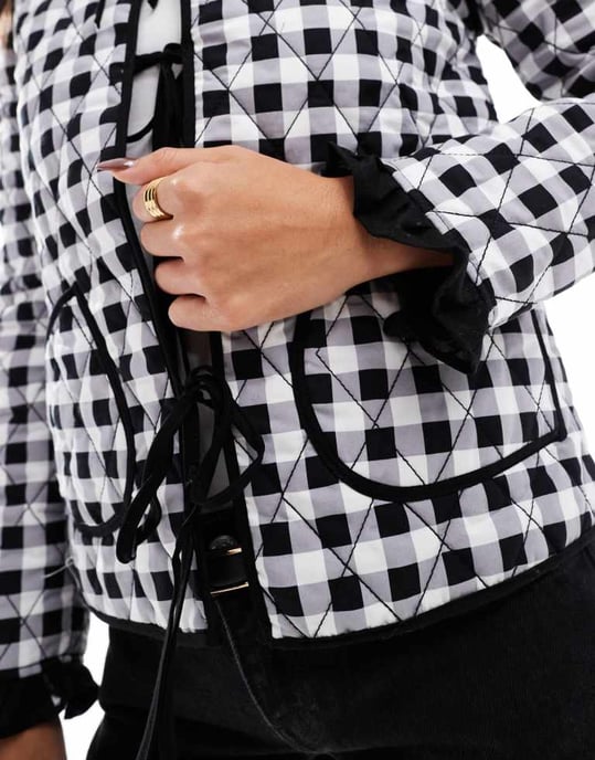ASOS DESIGN quilted tie front jacket in black gingham - Image 4