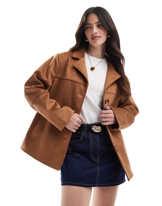 ASOS DESIGN faux suede button front jacket in tan - Image 1