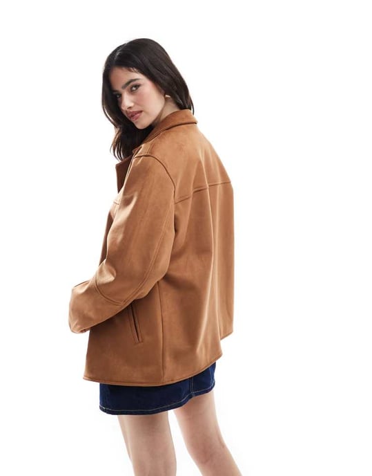 ASOS DESIGN faux suede button front jacket in tan - Image 2