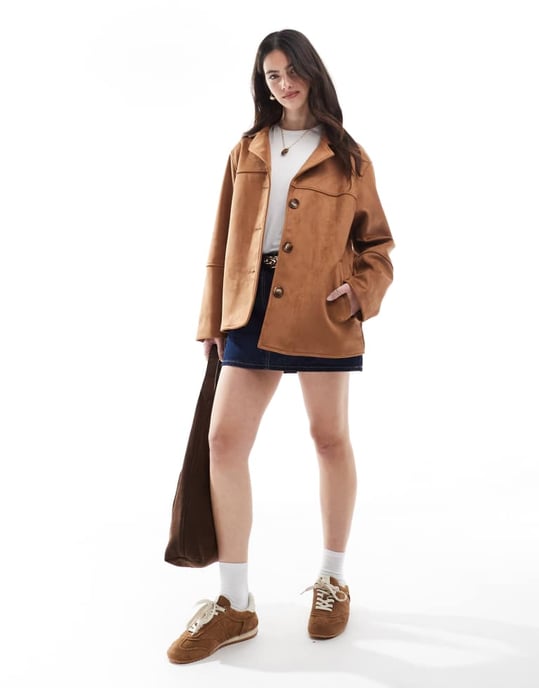 ASOS DESIGN faux suede button front jacket in tan - Image 4