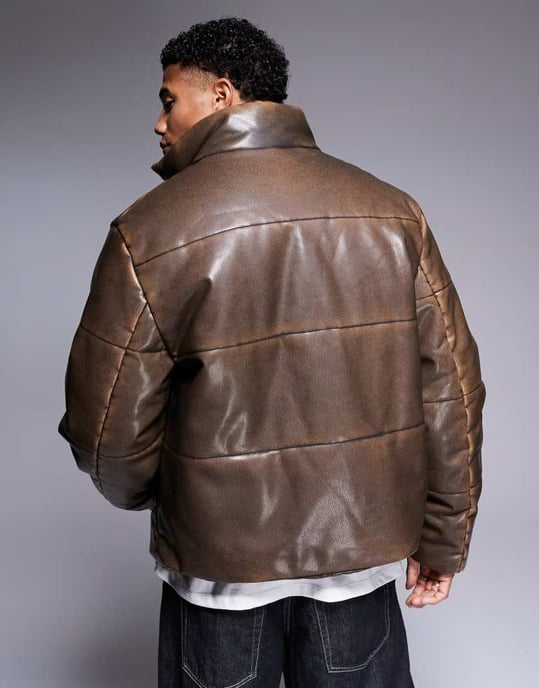 ASOS DESIGN washed faux leather puffer jacket in brown - Image 3