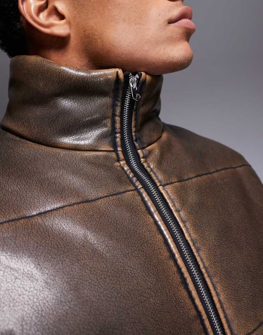ASOS DESIGN washed faux leather puffer jacket in brown - Image 4