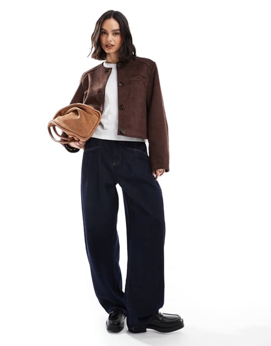 ASOS DESIGN collarless faux suede jacket in chocolate - Image 2