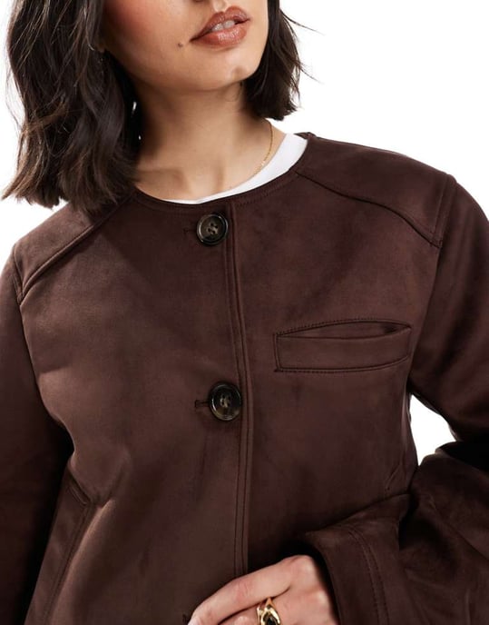 ASOS DESIGN collarless faux suede jacket in chocolate - Image 3