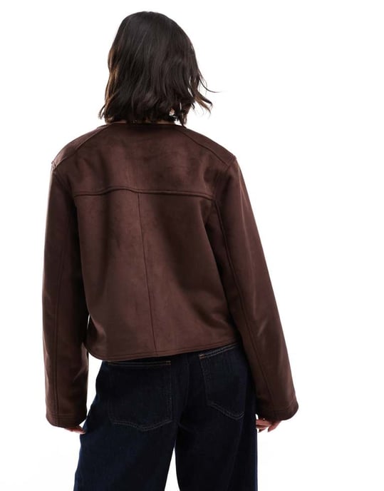ASOS DESIGN collarless faux suede jacket in chocolate - Image 4
