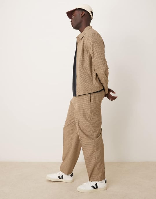 ASOS DESIGN smart co-ord harrington jacket in stone micro check - Image 2