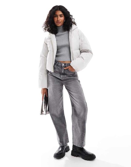 JJXX cropped hooded puffer jacket in light grey - Image 2