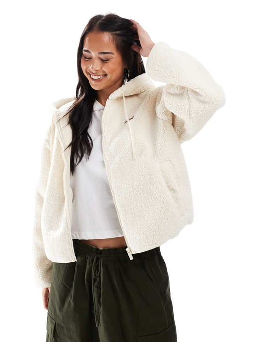 Hunter Bonelle borg jacket with hood in cream - Image 3