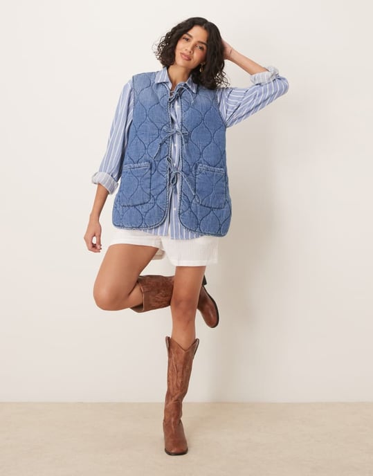 ASOS DESIGN denim quilted vest in midwash blue - Image 3