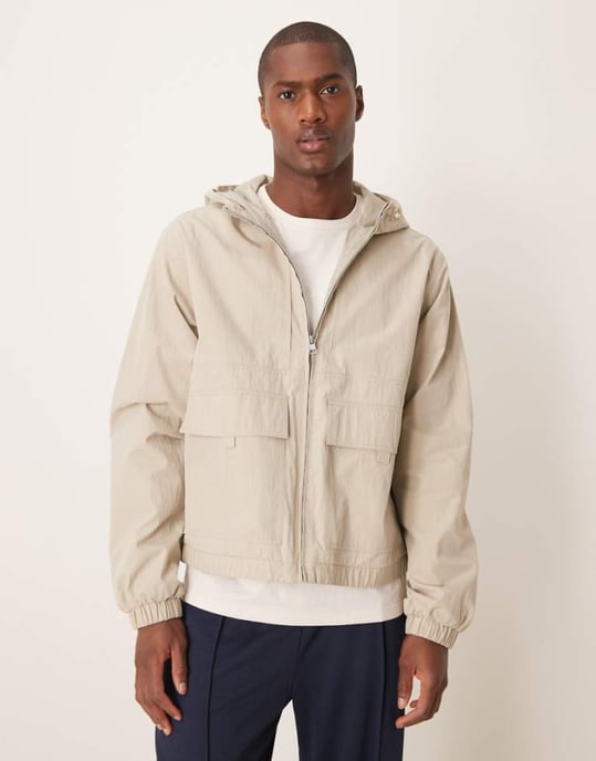 ASOS DESIGN windbreaker jacket with hood in stone - Image 1