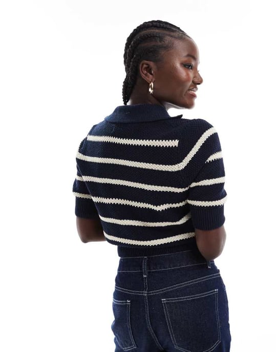 Vero Moda cotton knit striped polo top in navy - Image 3