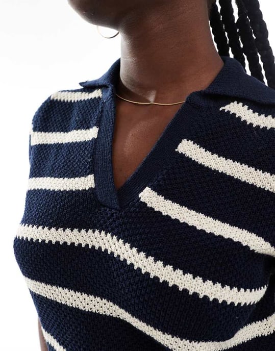 Vero Moda cotton knit striped polo top in navy - Image 4