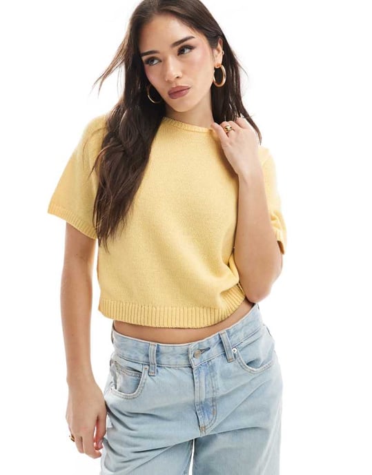 ASOS DESIGN stickad topp med halv ärm i smörgul - Image 4