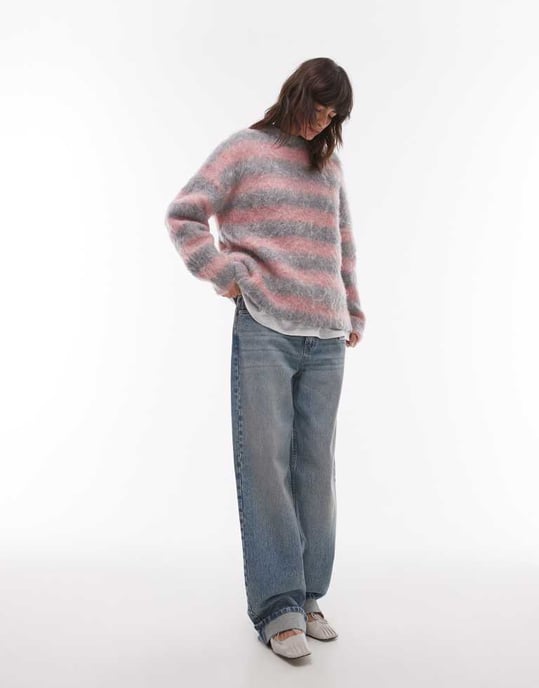 Topshop stickad ultra fluffig randig avslappnad jumper i rosa och grå - Image 3
