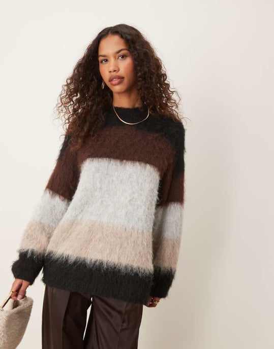 ASOS DESIGN oversized rundhalsad borstad tröja i randig mönster - Image 1