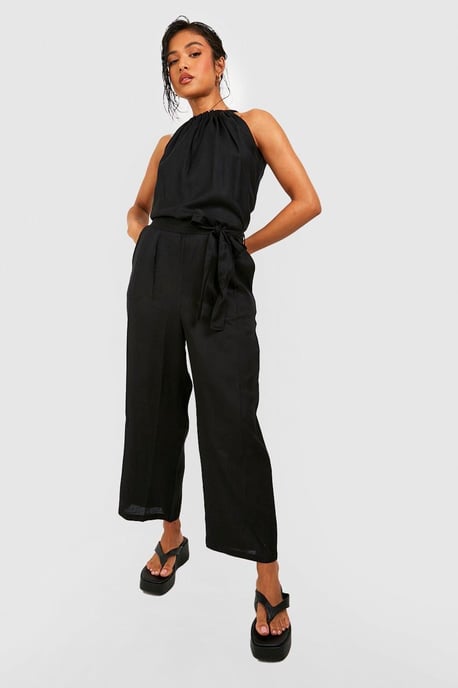 Petite Belted Halter Linen Look Culotte Jumpsuit - Image 2