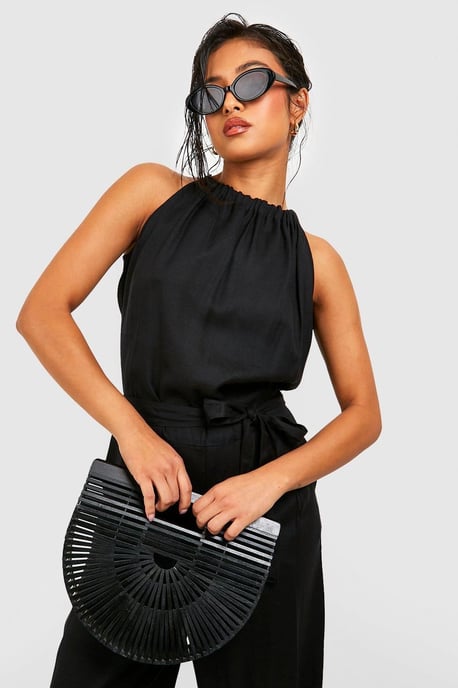 Petite Belted Halter Linen Look Culotte Jumpsuit - Image 3