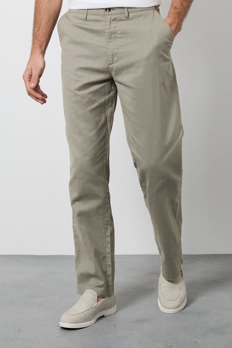 Khaki Cotton Linen Blend Chino Trousers - Image 2