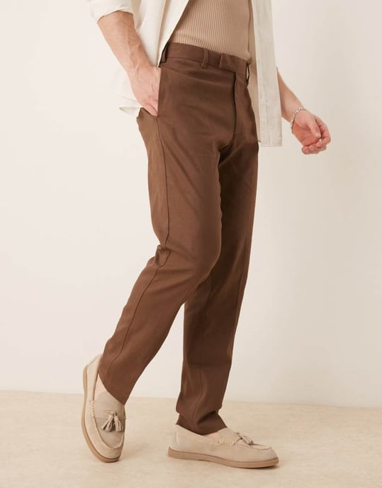 ASOS DESIGN smart slim fit linneblandning byxor i brun - Image 3