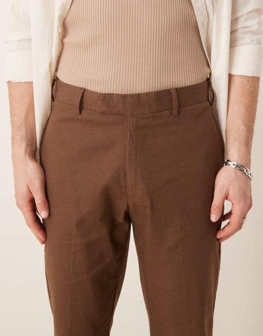 ASOS DESIGN smart slim fit linneblandning byxor i brun - Image 4