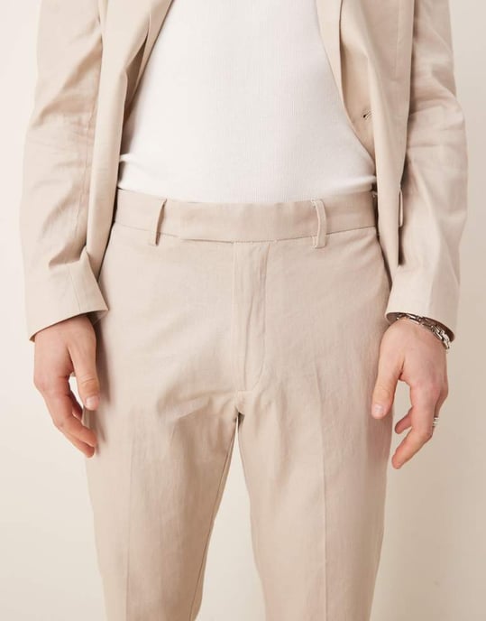ASOS DESIGN smart slim fit linneblandningbyxor i sten - Image 4