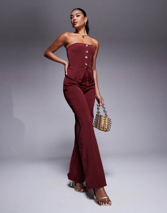 ASOS DESIGN co-ord bandage straight leg trouser in burgundy - Image 1
