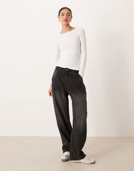 Gina Tricot jersey ribbstickad rundhalsad långärmad topp i off white - Image 2
