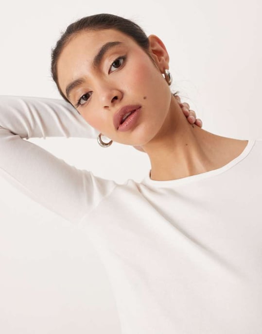 Gina Tricot jersey ribbstickad rundhalsad långärmad topp i off white - Image 3