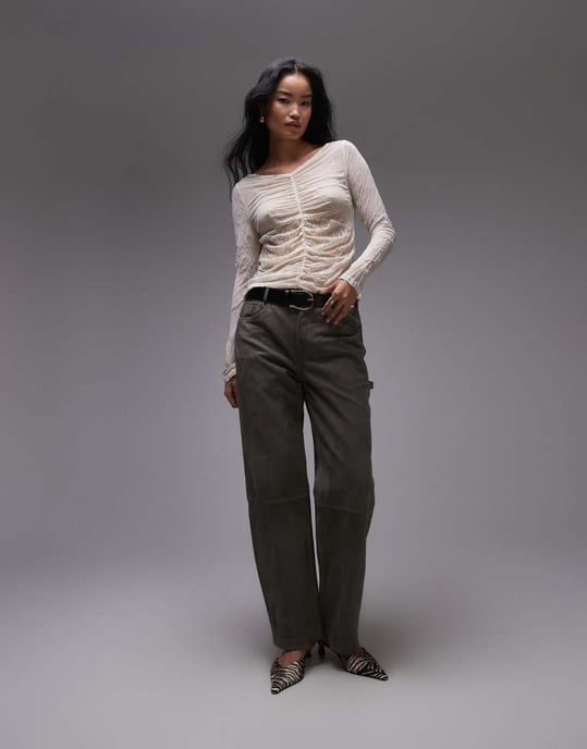 Topshop krinklad spetsmix långärmad topp i ecru - Image 3