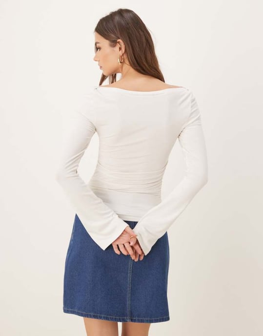 Gina Tricot Soft Touch long sleeve boatneck top in off white - Image 2
